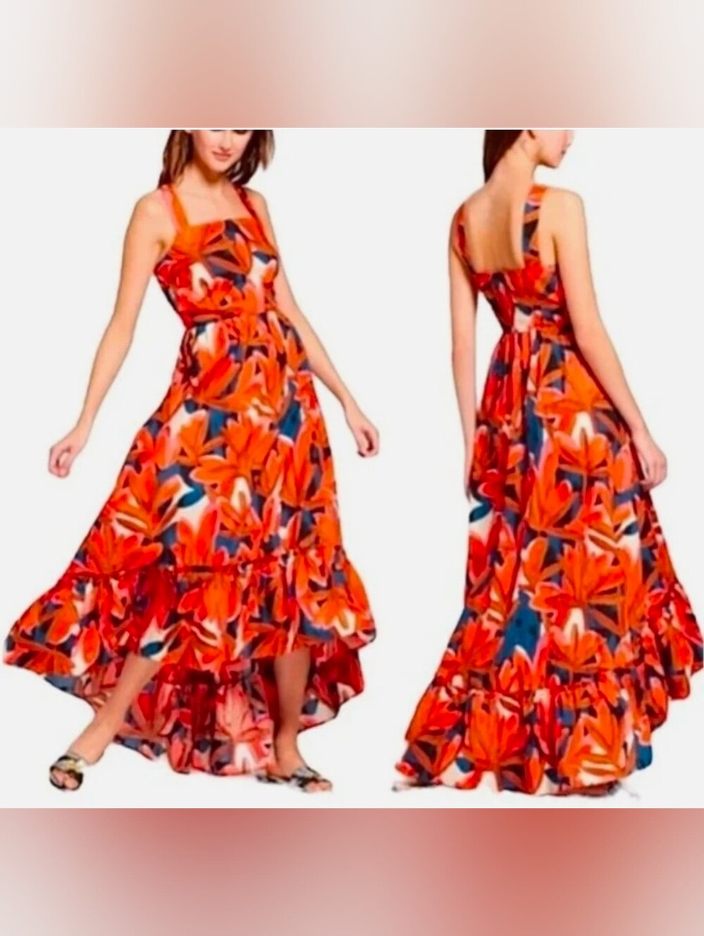 Who What Wear Tropical Floral High-Low Maxi Dress 100% Cotton Size Large